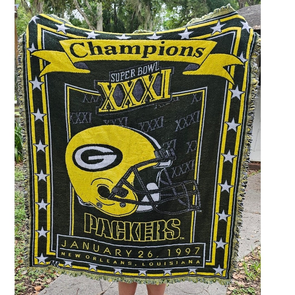 Vintage Green Bay Packers Super Bowl XXXI Champions Woven Tapestry Blanket 1997